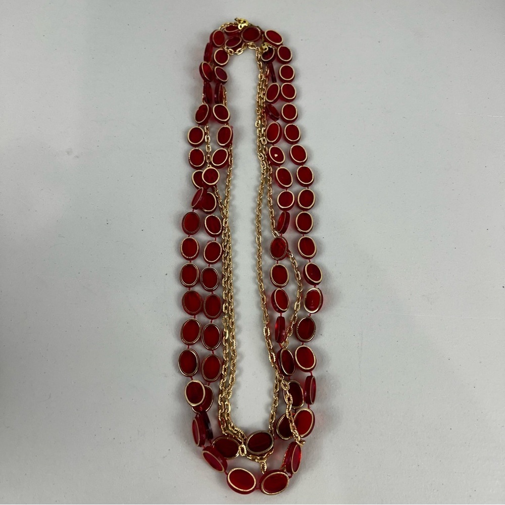 Vintage Hong Kong Red and Gold Tone Very Long Necklace
